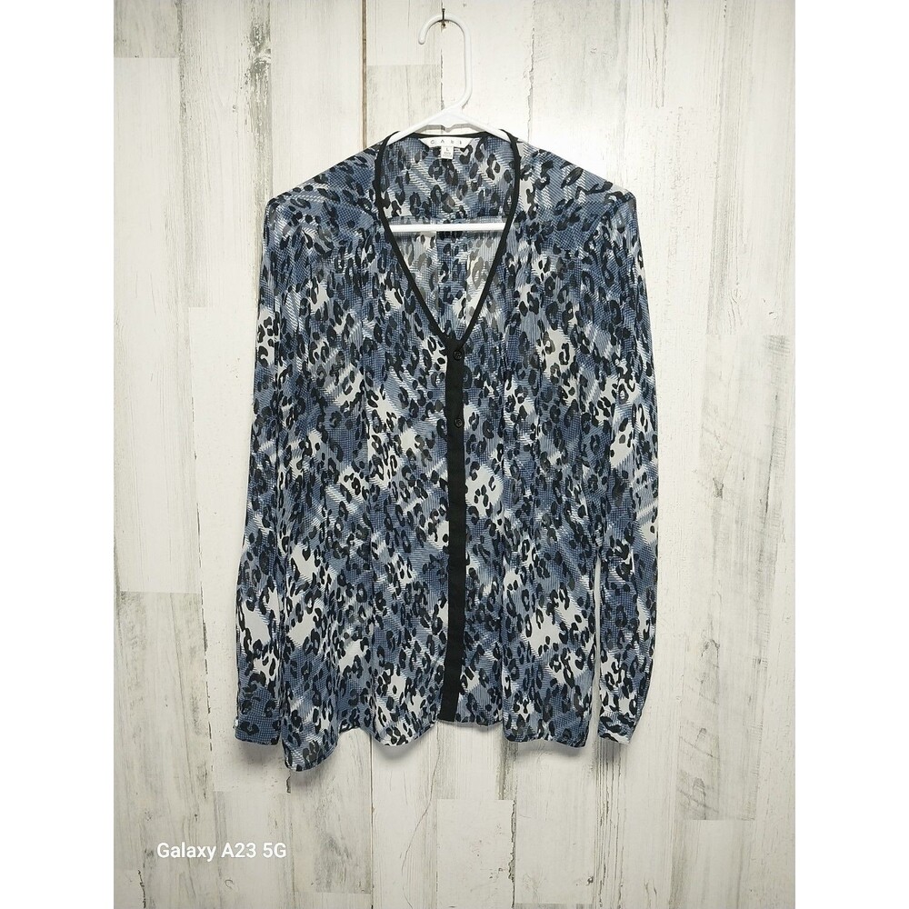 CABI Fatale Black Blue Sheer Animal Print Long Sleeve Shirt Style 977 Size Large